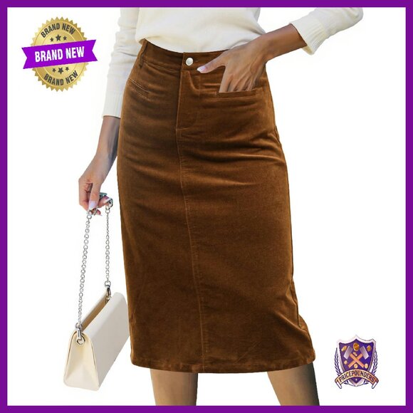 Corduroy Midi Skirt High Waist Elastic Stretch Pockets Work Casual